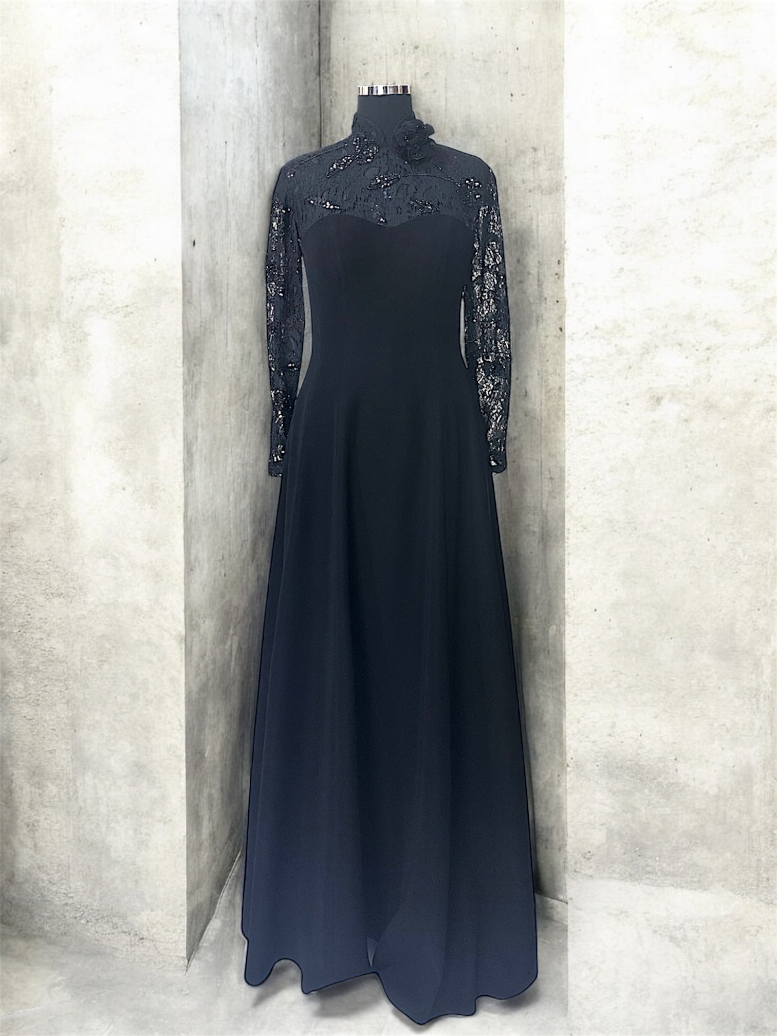 Black gown with beaded lace combination